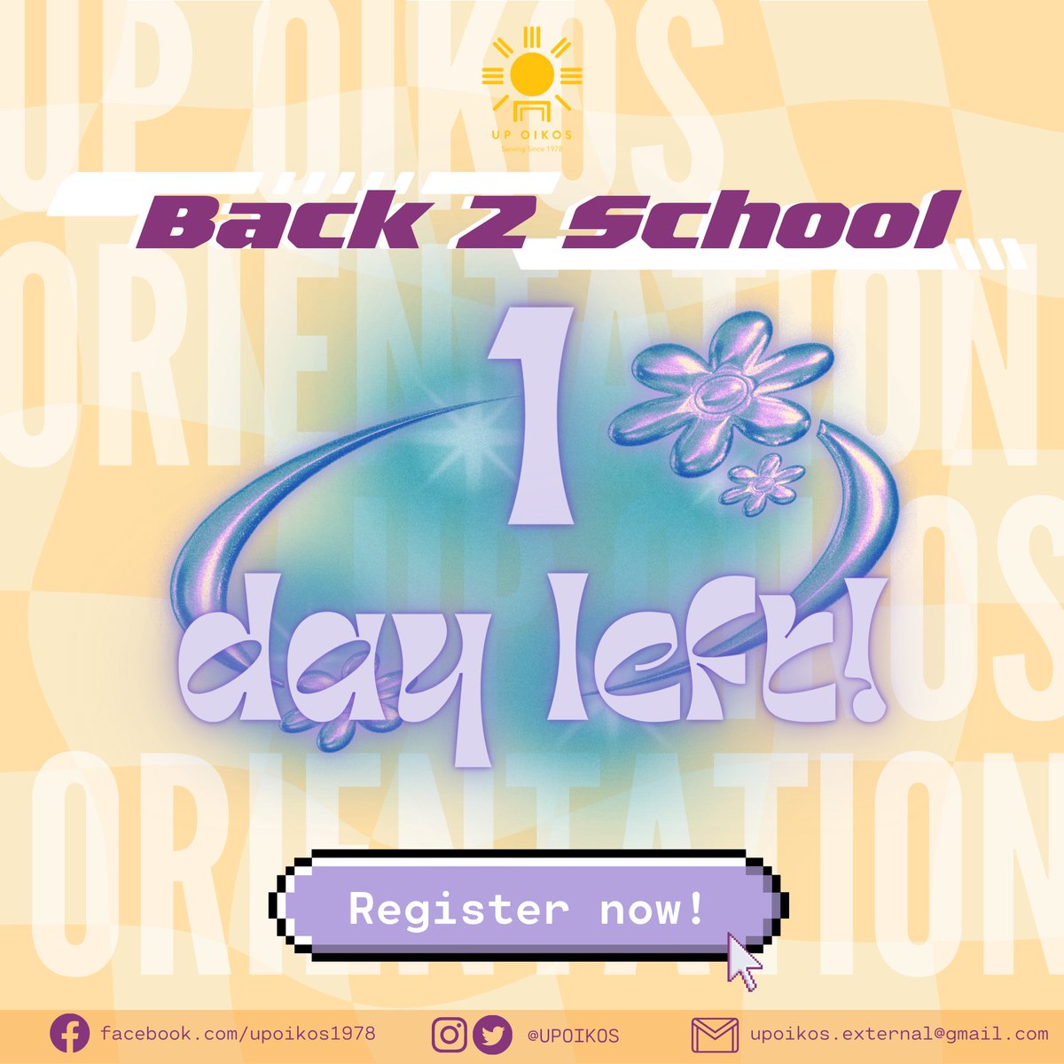 UPOIKOS's tweet photo. "1 DAY LEFT!!
“There’s nothing more fetching than UP Oikos’ Orientation.”

Get on cause we’re going Back2School at the Jollibee Vega Center TOMORROW, Wednesday, March 15!! https://t.co/BApJLk9p1l