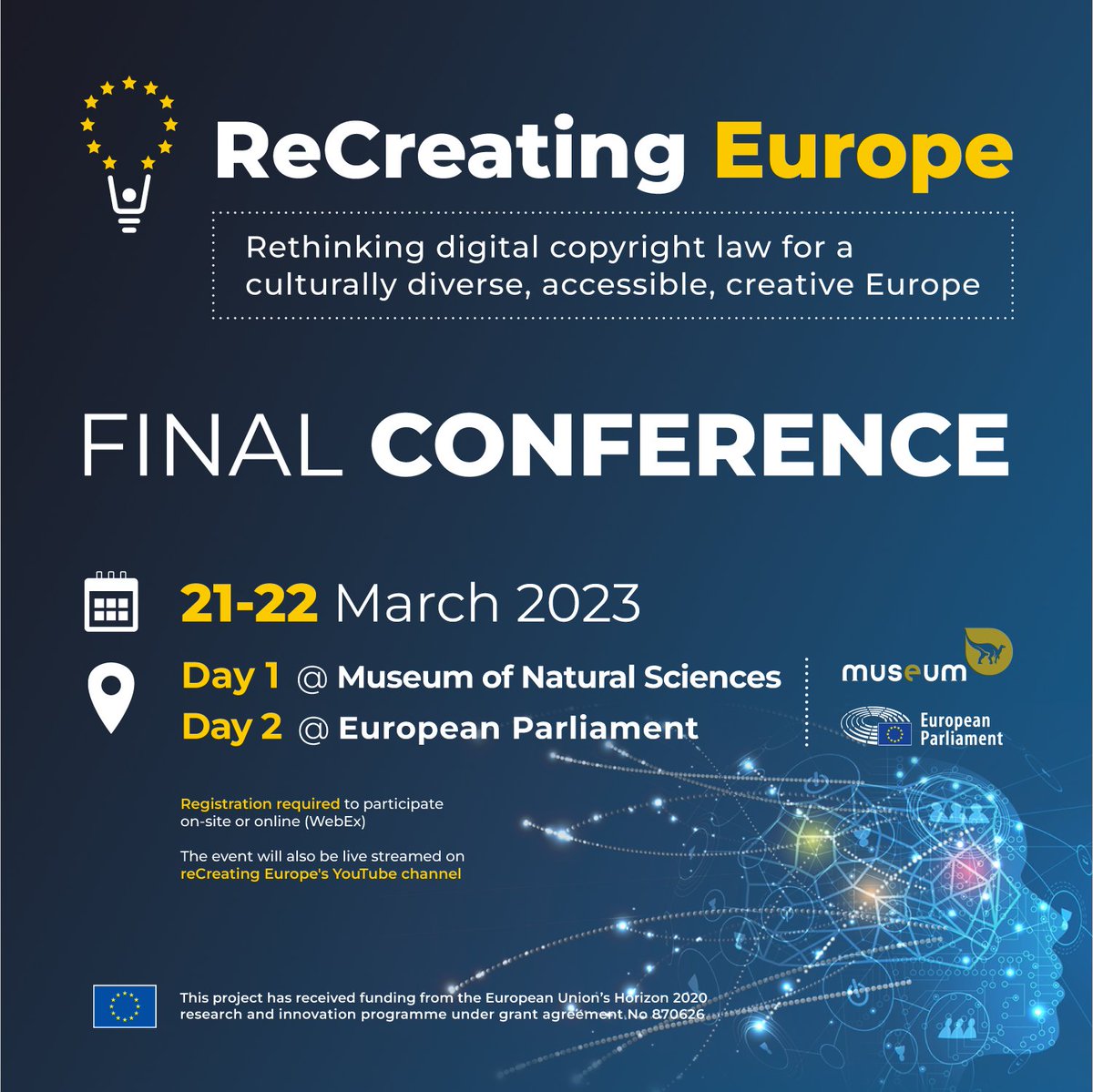 Missed out on registrations for the #reCreating EU Final Conference? You can still register for online attendance to enjoy a live stream on WebEx. 

👉ow.ly/xvJa50NhyOy

Prefer to attend in person? Get in touch to be added to the waiting list. 

<a href="/REA_research/">European Research Executive Agency</a>