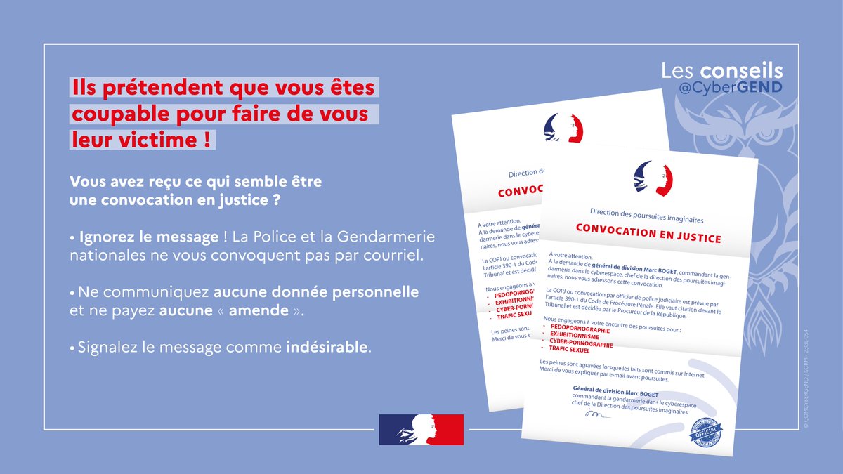 ⚠️ Régulièrement, l'identité de <a href="/Ch_RGZ/">Christian Rodriguez</a> (ou d'autres responsables de la Police et de la <a href="/Gendarmerie/">Gendarmerie nationale</a> nationales) est usurpée sur de fausses convocations judiciaires qui n'ont pour but que de vous soutirer données et argent.
C'est notre #MardiConseil ⤵️