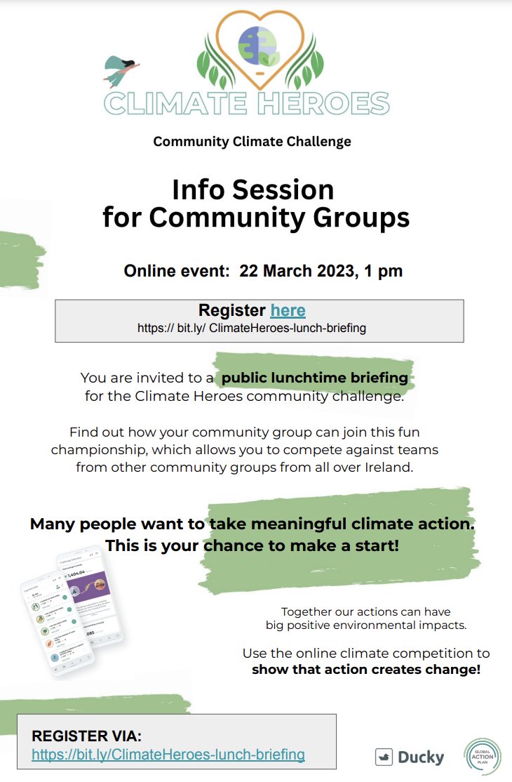 You are invited!

Join us for our free lunchtime info session on how your #communitygroup can join the 'Climate Heroes' community challenge.

Register via bit.ly/ClimateHeroes-…
