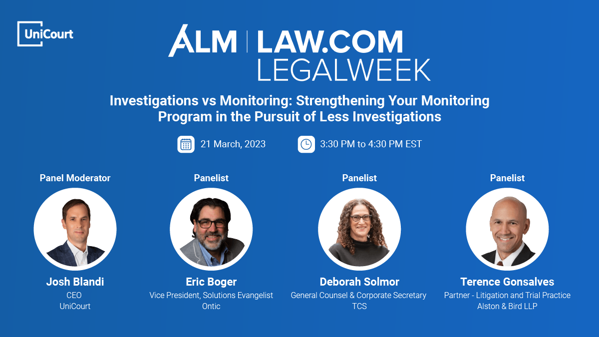 UniCourtInc's tweet photo. 1 week to go! Make sure to register for @JoshBlandi's #LegalWeek panel, Investigations vs Monitoring: Strengthening Your Monitoring Program in the Pursuit of Less Investigations, with Eric Boger of @ontic_co, Deborah Solmor of @TCSEdSystem, and Tery Gonsalves of @AlstonBirdLLP https://t.co/FK2o7lAHC8