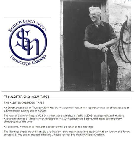 Stratherrick365's tweet photo. Don't miss the Alister #Chisholm Tapes at the #Stratherrick Public Hall, #Gorthleck  - Thurs 30 March 2023 Matinee at 1.30pm, Evening show at 7.30pm @murdo_fraser @catfraser2 @foyersfirie @FoyersLodge @CampAndCaravan @BoleskineShinty @mussady12 https://t.co/4MdvTU6KAy