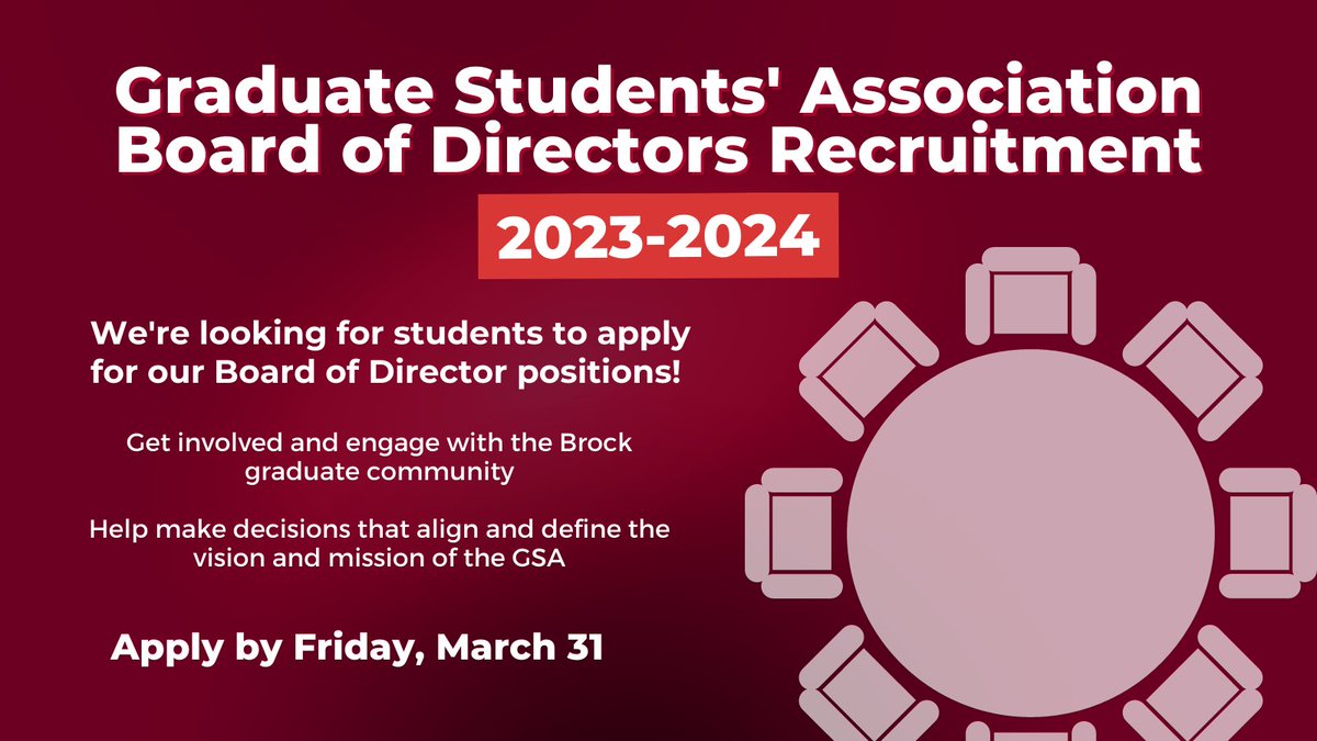 It’s that time of year again – the GSA is recruiting for its 2023-2024 Board of Directors! Be sure to apply by Friday, March 31.
Learn more ➡️ brocku.ca/graduate-stude…