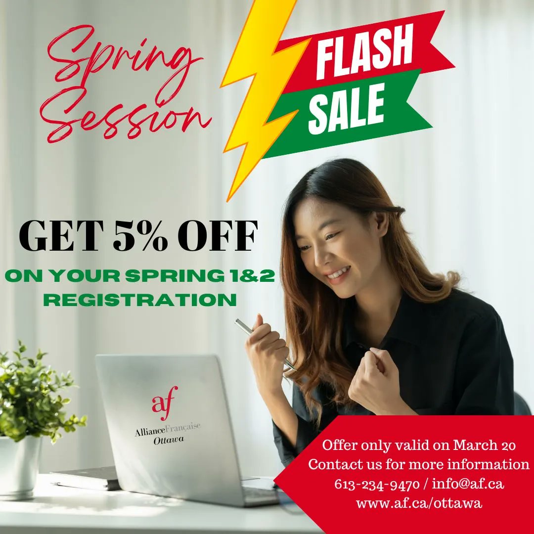 In honor of the International Day of La Francophonie, we are offering a special discount on your registration for the Spring 1 and Spring 2 courses.
Visit our website for more information: buff.ly/3laDEPW 
Don't miss this chance to make your French blossom this spring!