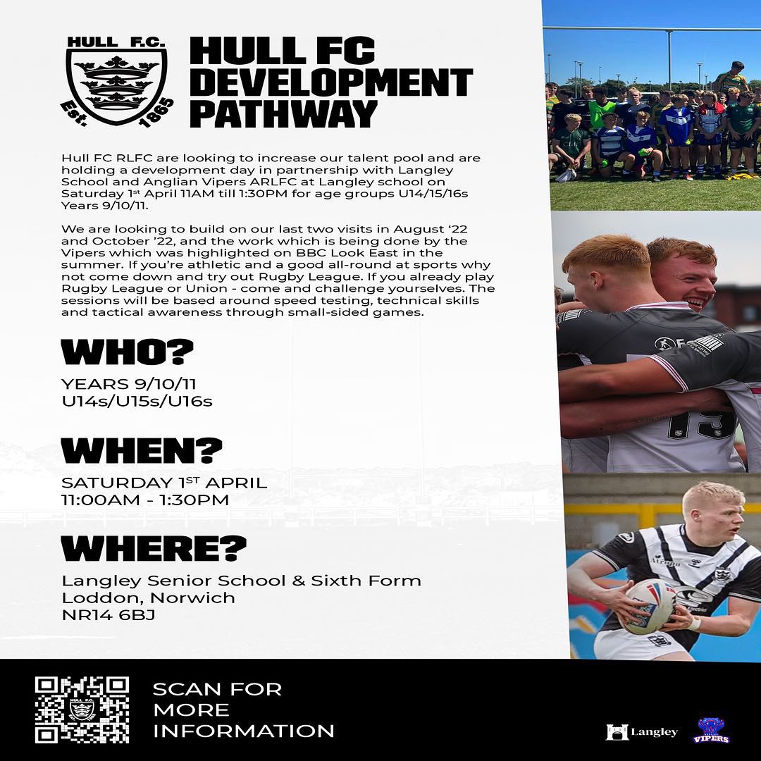 TALENT HUNT -🐍🐍🐍🐍 <a href="/hullfcofficial/">Hull FC</a> return to Norfolk with a pathway session for male students from Years 9/10/11. Please register via the online form (link: hullfc.typeform.com/to/a31yPklw) or scan the QR code. #rugbyleague #sixnations #rugby #eastanglia #norfolk #talent #SuperLeague