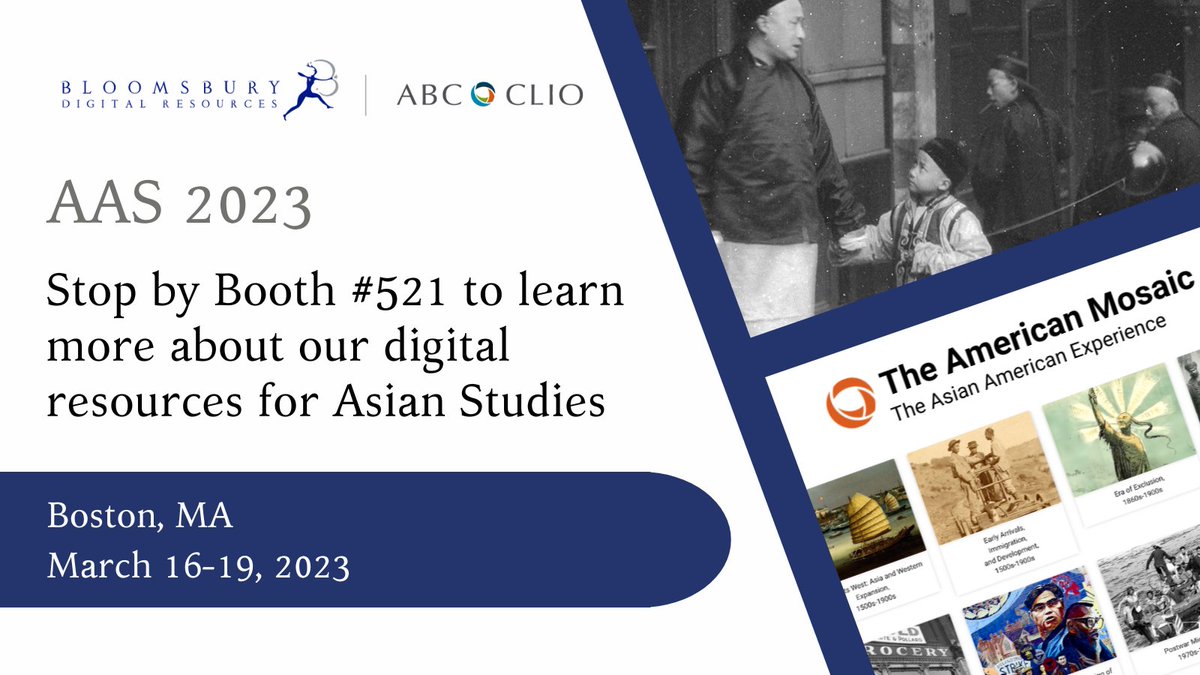 BloomsburyDigtl's tweet photo. Going to the @AASAsianStudies 2023 Conference? Stop by booth #521 and learn about #ABCCLIO’s digital resources for Asian studies! We also have 30-day free trial access bookmarks for you to grab, so don’t miss out and come say hi. #AAS23 https://t.co/p9JUPILpVM