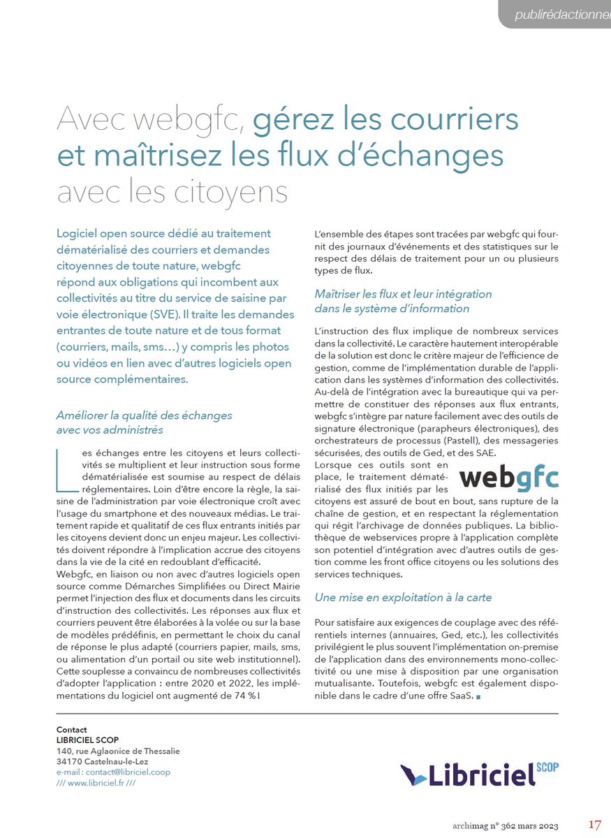 Libriciel_SCOP's tweet image. 📣"Avec webgfc, gérez les courriers et maîtrisez les flux d’échanges avec les citoyens "
Article à lire ici➡bit.ly/3mTFrt6
et dans le magazine Archimag (n°362).
#GEC #gestionélectroniqueducourrier #courrier  #dématérialisation #collterr #webgfc #logiciellibre
