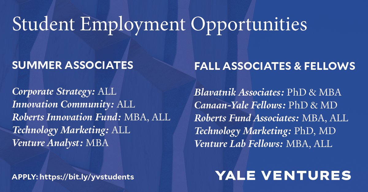 Work with us!  Yale Ventures is recruiting student associates to work this summer and academic year, paired with one of our four teams—innovation training &amp; startups, corporate engagement, innovation community, and IP &amp; licensing services. 

Apply today! ventures.yale.edu/student-employ…