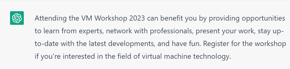 BitnerBill's tweet photo. 100 days until the next #vmworkshop. Register today at https://t.co/OTQsmAa98c
Why? I'll let ChatGPT tell you. https://t.co/IYy2FKX87A
