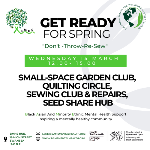 'Don't-Throw-Re-Sew' - Get Involved @BAMEMentalHS  Wednesday 15th March 12-3. Grab a cuppa, have a chat and get your free Small-Space Garden Club starter pack #GS4WB #LocalPlacesForNature 
@EnvCentre @elysiumgallery @HeritageFundCYM @WGClimateChange @SwanseaCouncil @SwanseaCVS