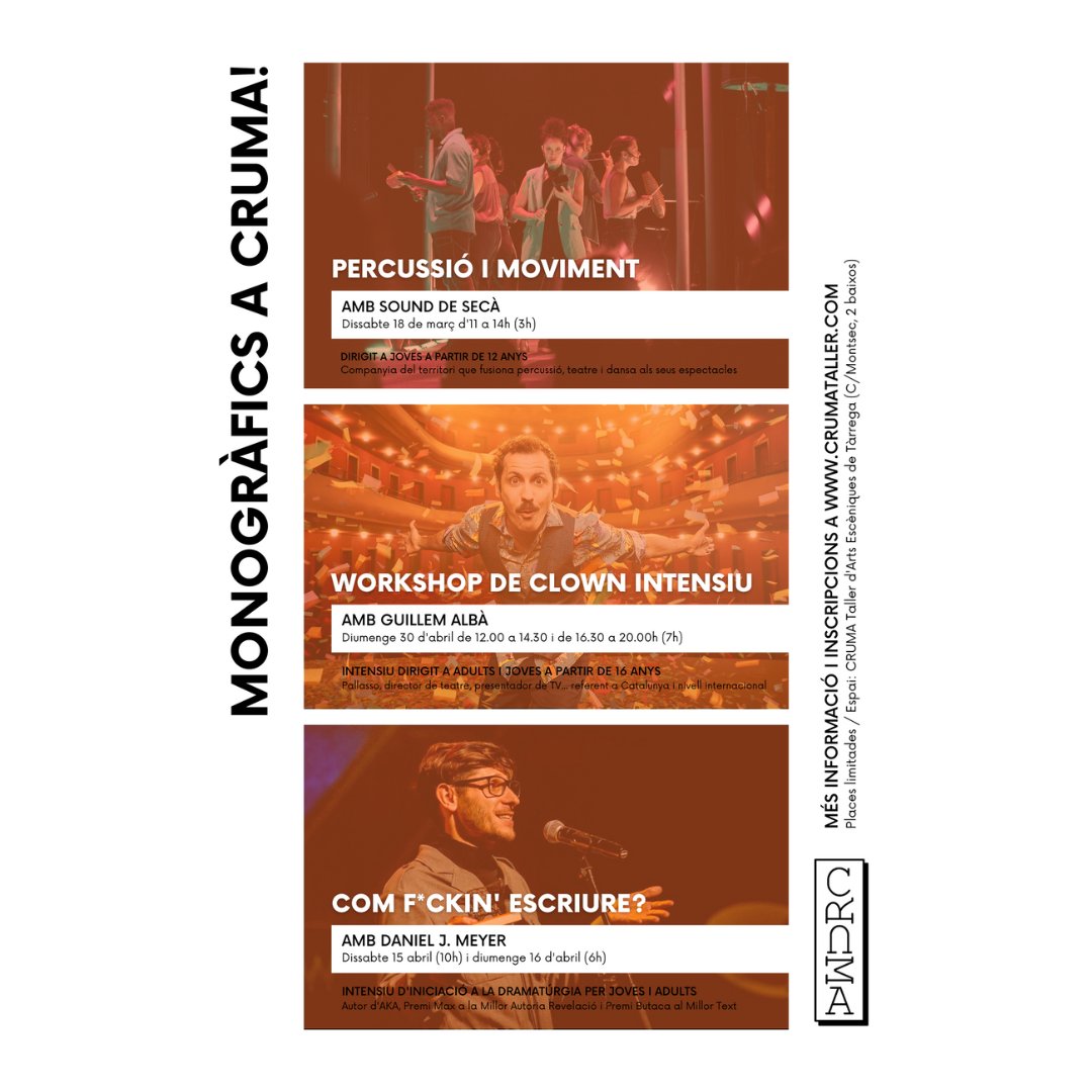 Avui volem aprofitar per explicar-vos que ben aviat realitzaran un cicle de 3 monogràfics. 

Pels alumnes de l'escola  teniu un petit descompte! Per gaudir-ne, al moment de fer la inscripció haureu de marcar la casella del formulari pertinent.

crumataller.com