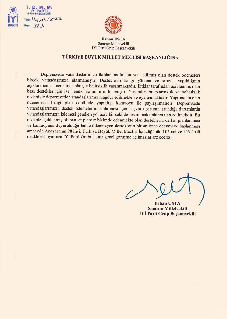 iyipartitbmm's tweet photo. Grup Başkanvekilimiz Erhan Usta'nın "Depremzedelere yapılacak  destek ödemelerinin ne şekilde ve ne zaman yapılacağının netleştirilmesi; ödemelerinin ivedilikle ve tam anlamıyla yapılması" amacıyla Meclis Başkanlığına sunduğu önerge AK Parti ve MHP'nin oyları ile reddedilmiştir. https://t.co/cQF4MB00FT