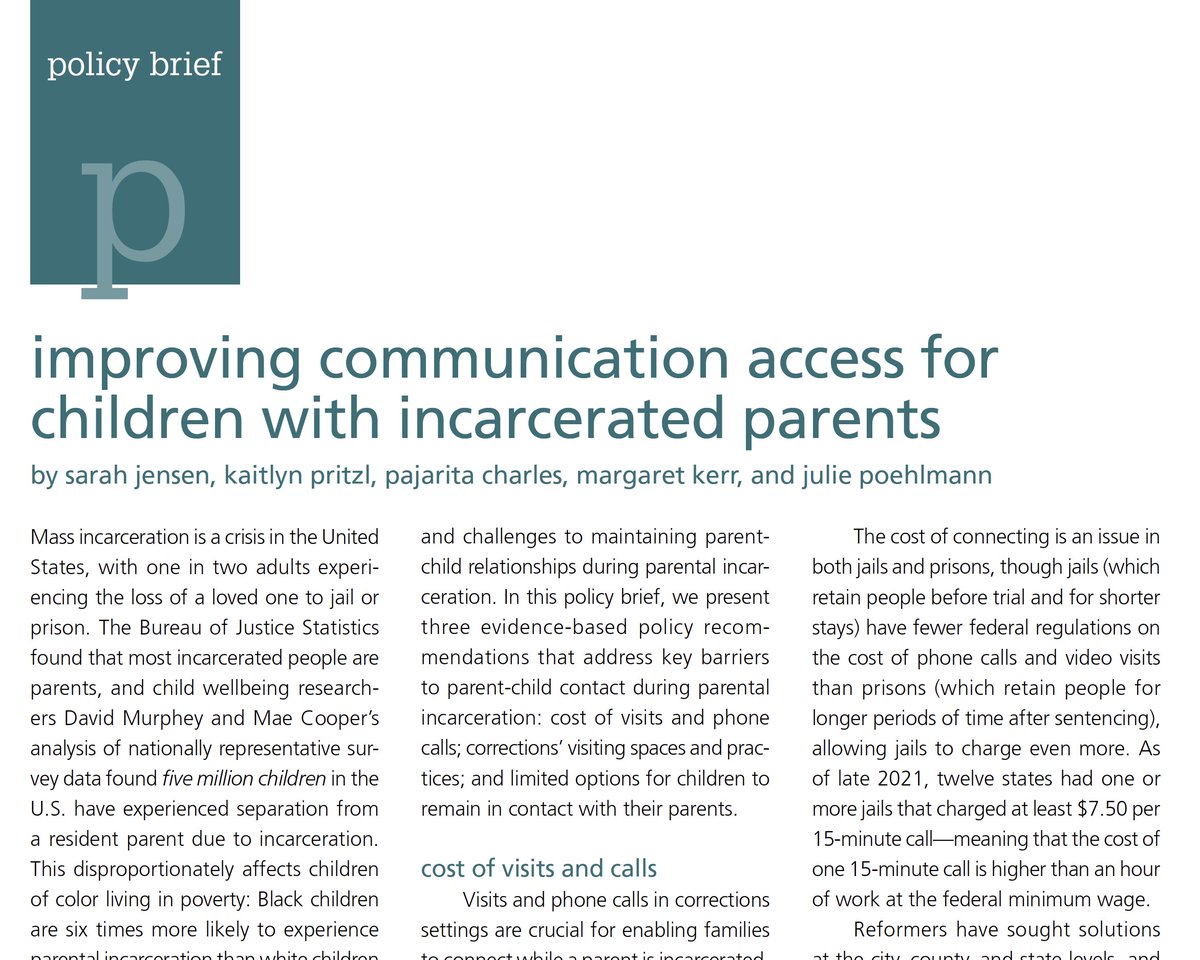 A failure to communicate? Our latest policy brief covers why--and how--to fix bureaucratic hurdles keeping children and incarcerated parents apart. Penned by @sarahpjensen, <a href="/pajaritacharles/">Pajarita Charles</a>,
<a href="/kaitlyn_pritzl/">Kaitlyn Pritzl</a>, <a href="/DrMaggieKerr/">Margaret Kerr</a>, and Julie Poehlmann
journals.sagepub.com/doi/10.1177/15…