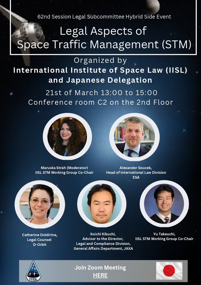 On 21 March from 13h to 15h, join the 62nd Subcommittee Hybrid Side Event on the Legal Aspects of Space Traffic Management, organised by <a href="/iisl_space/">IISL</a> and the 🇯🇵 Japanese delegation!.

More information at: us06web.zoom.us/j/81966561256?…