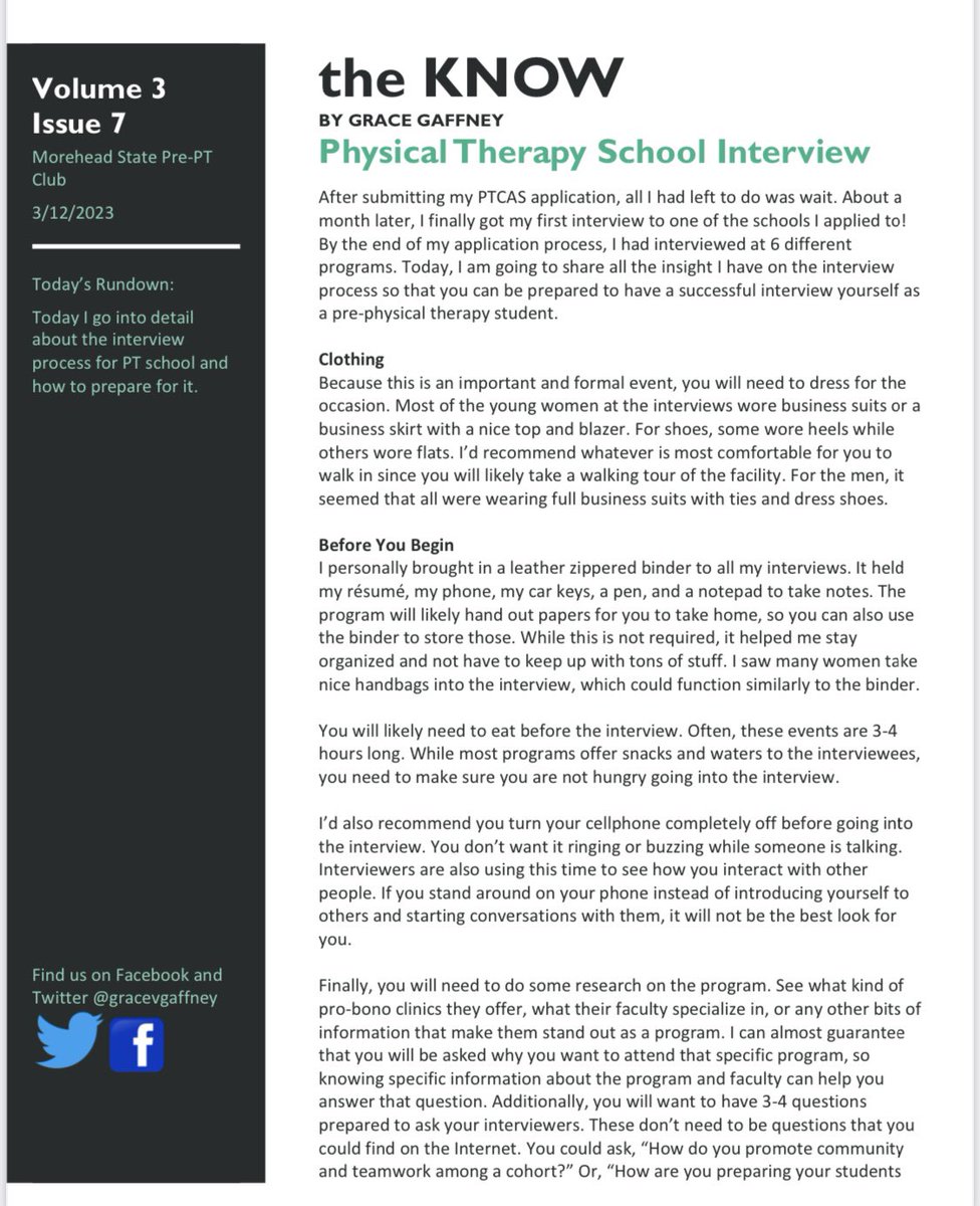 gracevgaffney's tweet photo. I apologize for not posting on Sunday! I‘m on vacation and forgot to release the KNOW! This week’s issue is a detailed piece on the PT school interview process. I hope this can help any pre-PT students! #TheKnow #physicaltherapy https://t.co/i7JRpRBJ0i