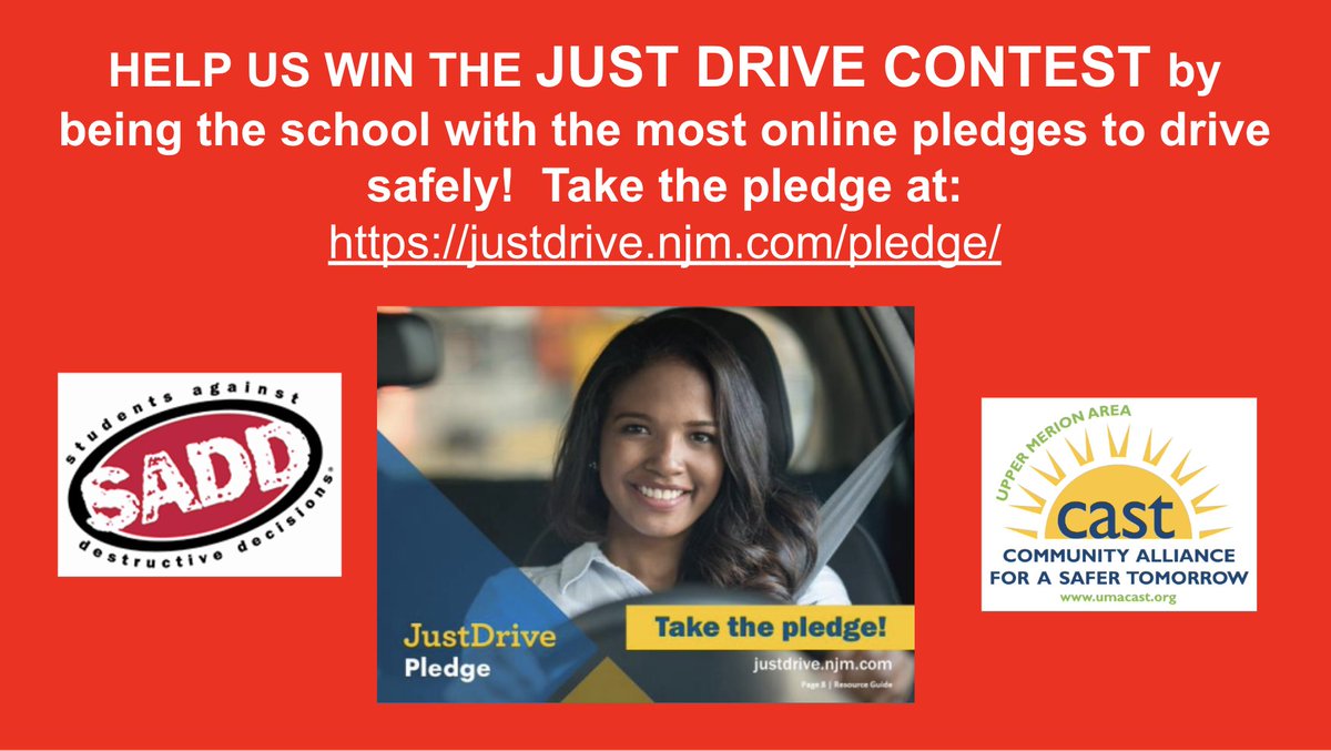 Please help us earn bonus points in the JUST DRIVE Contest by being the school with the most online pledges to drive safely.  Students, parents, teachers, and community members can sign the pledge by tomorrow, March 15th at justdrive.njm.com/pledge/