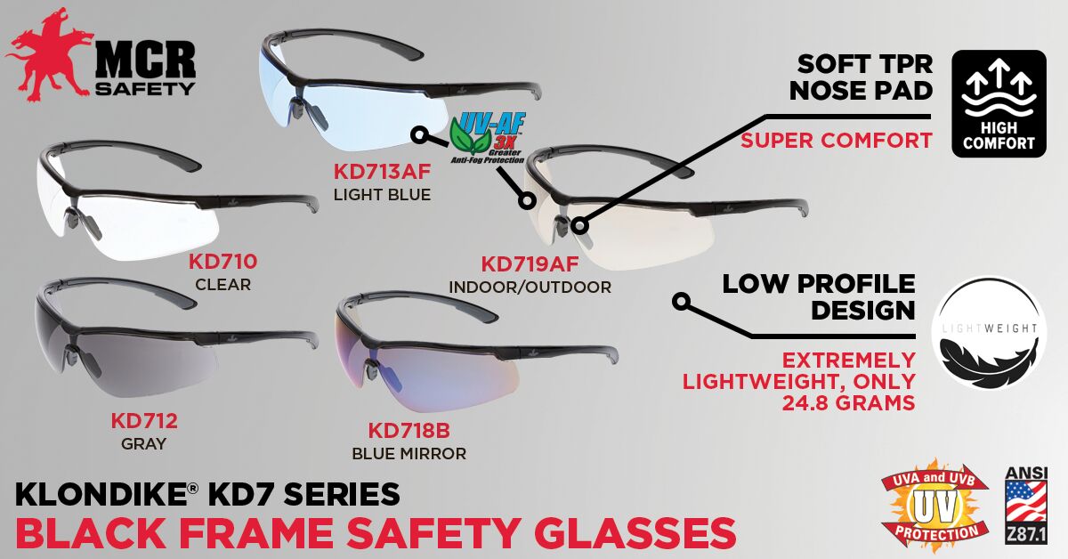 The new MCR Safety Klondike KD7 Safety Glasses are in stock! The KD7 series has modern features that keep you safe and looking good. Available in multiple lens colors &amp; anti-fog options. ANSI Z87.1 certified and blocks 99.9% of harmful UV light. buff.ly/3TbAIiN