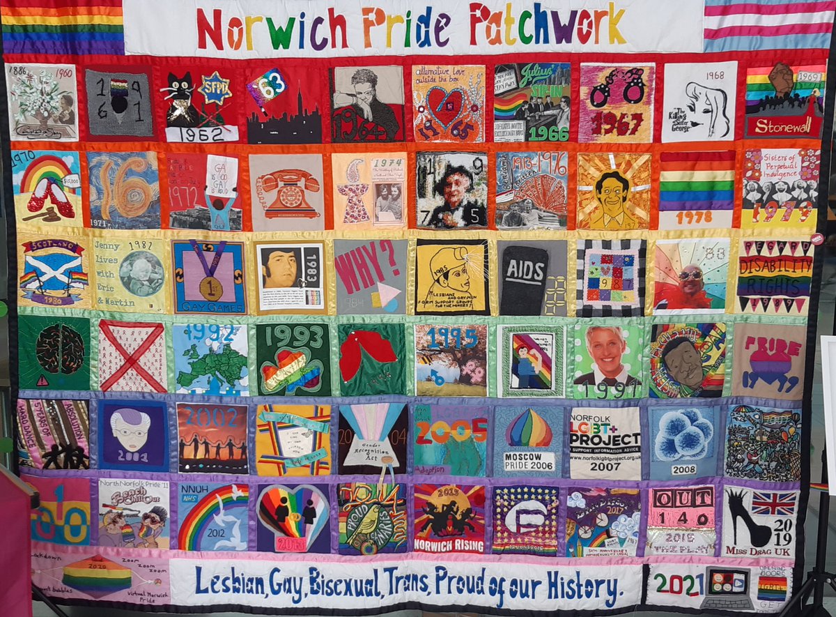 This amazing multicoloured Pride Patchwork created by people in & around Norwich marking key moments in LGBTQ+ History, is currently on display at The Forum in Norwich until Sunday 19th March. Make sure you pop in to see it before it goes, it is well worth it!!  🌈😁#norwichpride