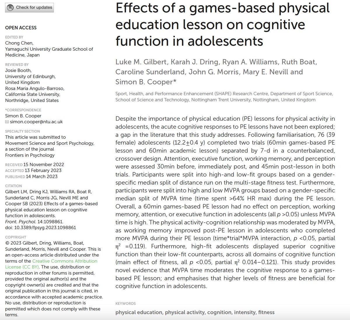 Luke Gilbert (@lukemgilbert) on Twitter photo MVPA time moderates the cognitive response to a 60 min games-based PE lesson in adolescents! frontiersin.org/articles/10.33…
Delighted to finally share this! Thank you to the awesome team <a href="/NTUSportScience/">NTU Department of Sport Science</a> who worked on this! MVPA time moderates the cognitive response to a 60 min games-based PE lesson in adolescents! frontiersin.org/articles/10.33…
Delighted to finally share this! Thank you to the awesome team <a href="/NTUSportScience/">NTU Department of Sport Science</a> who worked on this!