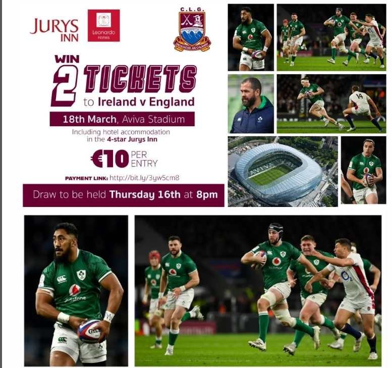 ClarinbridgeGaa's tweet photo. Grand Slam tickets!! Click here to win 2 tickets and accommodation for just €10!! https://t.co/GSFhvhfp3E https://t.co/TRKh0BQItp