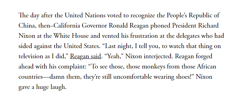 TeahCartel's tweet photo. Ronald Reagan described African delegates to the UN as "monkeys", 

He made the comment in a 1971 telephone call with then-President Richard Nixon.

Reagan was the governor of California at the time. https://t.co/T80WRTbFLG