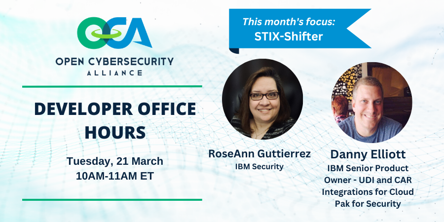 OpenCyberAllnc's tweet photo. For the next Developer Office Hours on 21 March, RoseAnn Guttierrez and Danny Elliott will discuss OCA's STIX-Shifter project. Please join us! Event details: https://t.co/xQFbwFR2dC
STIX-Shifter on GitHub: https://t.co/SFWw7gI2Ib
#cybersecurity #STIXshifter #OCA https://t.co/Dc05cDco7h