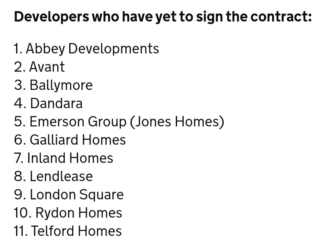 📢 Update on which developers have signed the contract (now at 39) and which haven't 👇🏽

gov.uk/government/pub…

Now awaiting <a href="/michaelgove/">Michael Gove</a> confirming what "significant consequences" the non-signatories will face 🤔