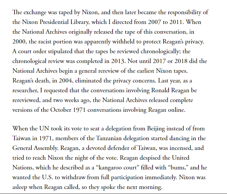 TeahCartel's tweet photo. Ronald Reagan described African delegates to the UN as "monkeys", 

He made the comment in a 1971 telephone call with then-President Richard Nixon.

Reagan was the governor of California at the time. https://t.co/T80WRTbFLG