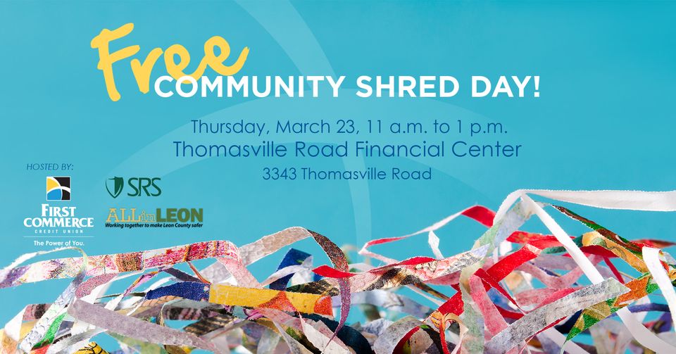 LeonSheriff's tweet image. Bring your sensitive/confidential information to be shredded on Thursday, March 23rd from 11AM-1PM (or until the truck is full). This is a FREE service made available by First Commerce CU and Secure Record Solutions. See you there!! #ALLinLEON #IdentityTheftProtection
