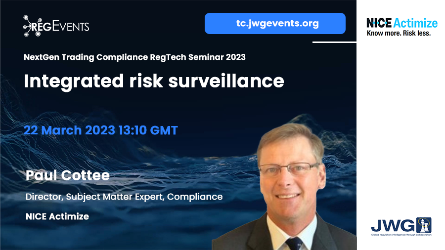 NICECompliance's tweet photo. .@NICE_Actimize’s Paul Cottee will join experts from @jwg_group, @StateStreet, @FIAconnect, @thomsonreuters Regulatory Intelligence, @Shoosmiths to speak on Integrated Risk #Surveillance @jwg_group's NextGen Trading #Compliance #RegTech Seminar on 3/22. https://t.co/ReptUopM1V https://t.co/0GpsZfqLSN