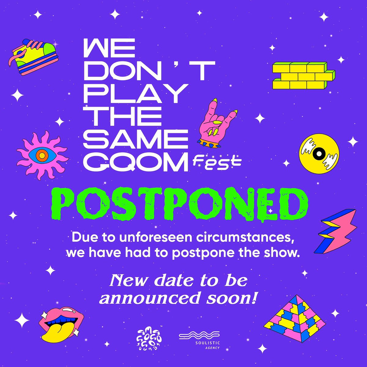 WDPTSGqom's tweet photo. We have some disappointing news to announce. We regret to inform you that due to unforeseen circumstances, we will be postponing our upcoming #WDPTSGFest.
Thank you for all the support this far, we encourage you all to keep supporting the Gqom community however you can! https://t.co/uM82SfiI44