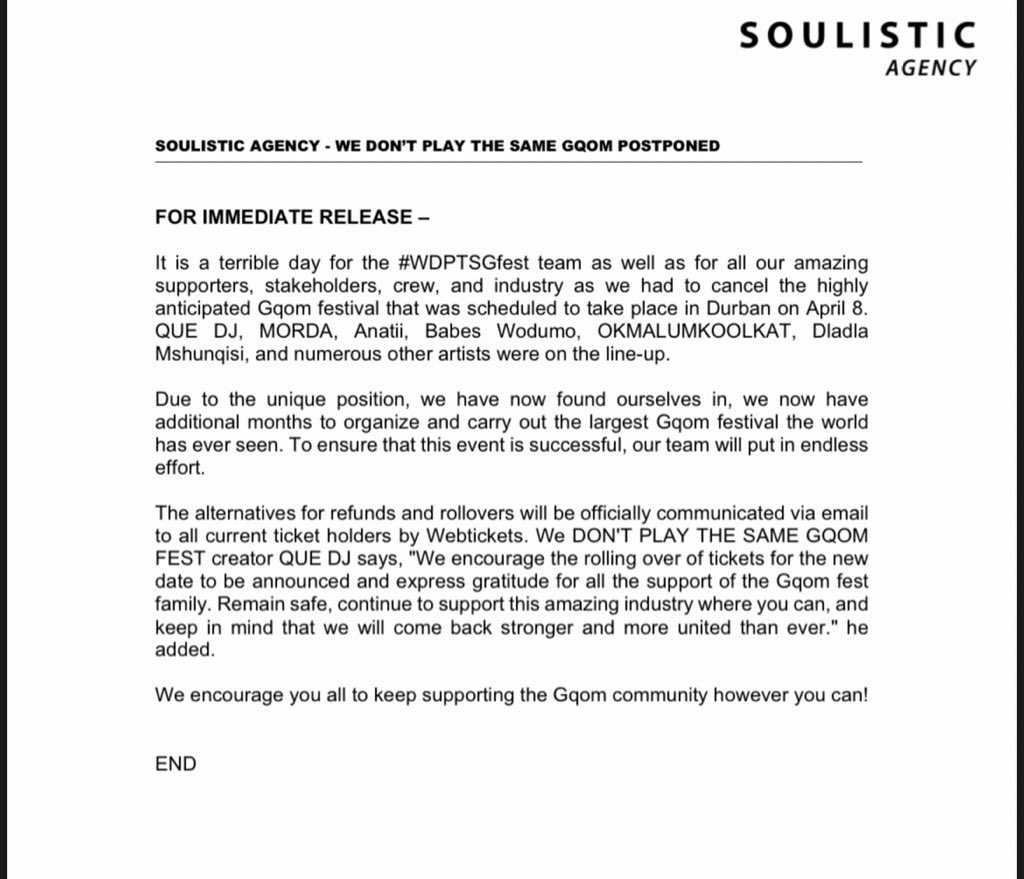 WDPTSGqom's tweet photo. We have some disappointing news to announce. We regret to inform you that due to unforeseen circumstances, we will be postponing our upcoming #WDPTSGFest.
Thank you for all the support this far, we encourage you all to keep supporting the Gqom community however you can! https://t.co/uM82SfiI44