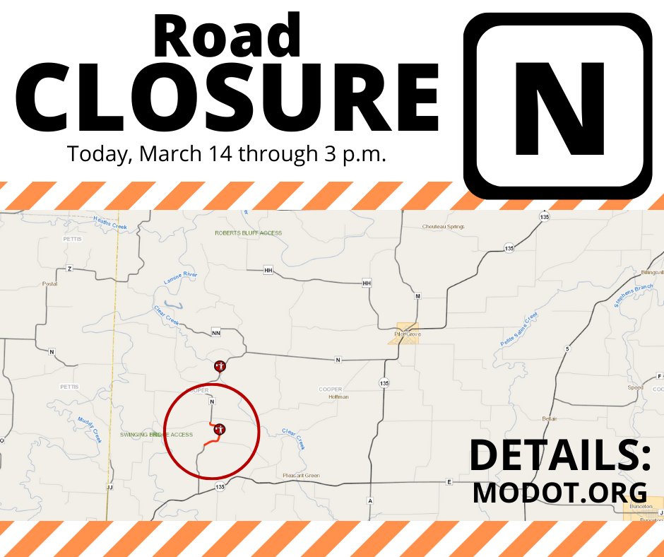 ALERT! Boone County Route N now CLOSED at Grey Wolf Road for a culvert replacement. Crews expected to reopen the roadway by 3 p.m. today, March 14. Until that time, please use an alternate route. More info: traveler.modot.org