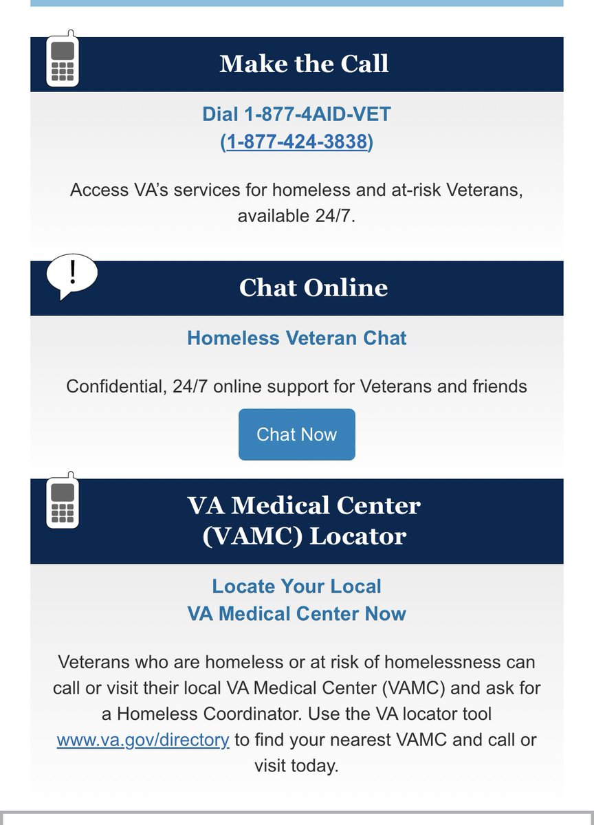 Stefan Kertesz, MD, MSc (@stefankertesz) on Twitter photo 🇺🇸If you meet a Veteran who is homeless and they want help but you don’t know WHO to reach out to- 
Use this link for the national 24/7 crisis line, chat function and VA medical center locator 
va.gov/homeless/hchv.…
Health Care for Homeless Veterans (HCHV) Program - 🇺🇸If you meet a Veteran who is homeless and they want help but you don’t know WHO to reach out to- 
Use this link for the national 24/7 crisis line, chat function and VA medical center locator 
va.gov/homeless/hchv.…
Health Care for Homeless Veterans (HCHV) Program -