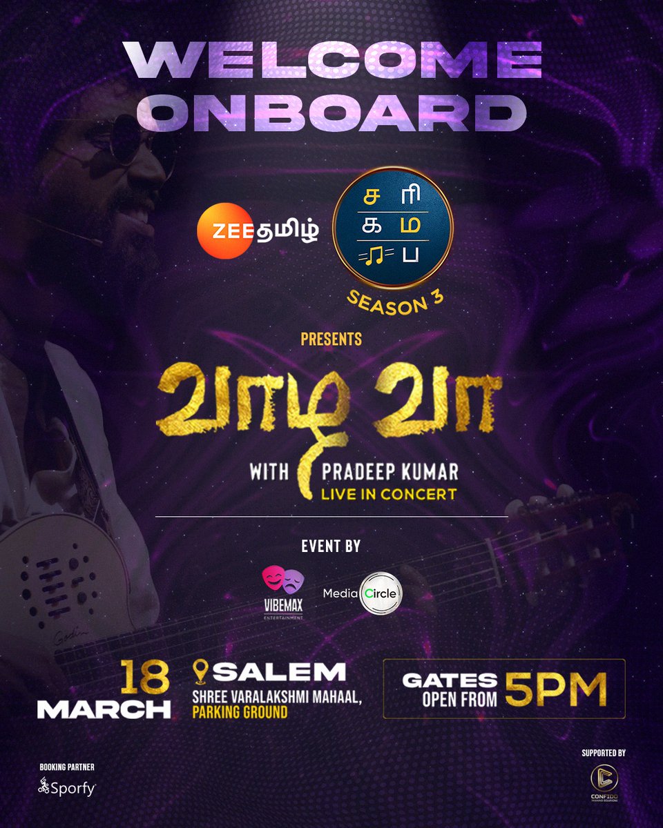 mediacircle_'s tweet photo. Sa Re Ga Ma you say😀? 
Pa Dha Ni Sa we say🌝! 

We are super glad to announce that @ZeeTamil is the title sponsor for Vaazha Vaa with Pradeep Kumar that's happening in Namma Salem! 

It's getting grander by the day and we're as excited as you are, Makkale!
#pradeepkumar #salem https://t.co/eBHZaylbsd