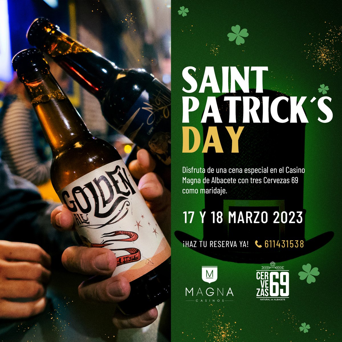 ¿Tienes plan para este #findesemana? Cervezas 69 y <a href="/magnacasinos/">Magna Casinos</a> te proponemos un plan para #saintpatricksday 😎Disfruta de una #cena en el Casino Magna de Albacete con tres Cervezas 69 como maridaje. ¡Haz tu reserva ya! 611431538
#albacete #craftbeer #sanpatricio #cerveza #beer