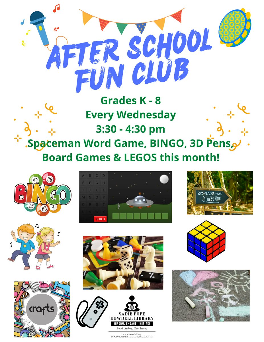 salibrary's tweet photo. After School Fun Club - Wednesdays #dowdelllibrary #publiclibrary #libraries #libraries #librarylife #librarylove #southamboynj #librariesofinstagram https://t.co/bmlF4otJPe