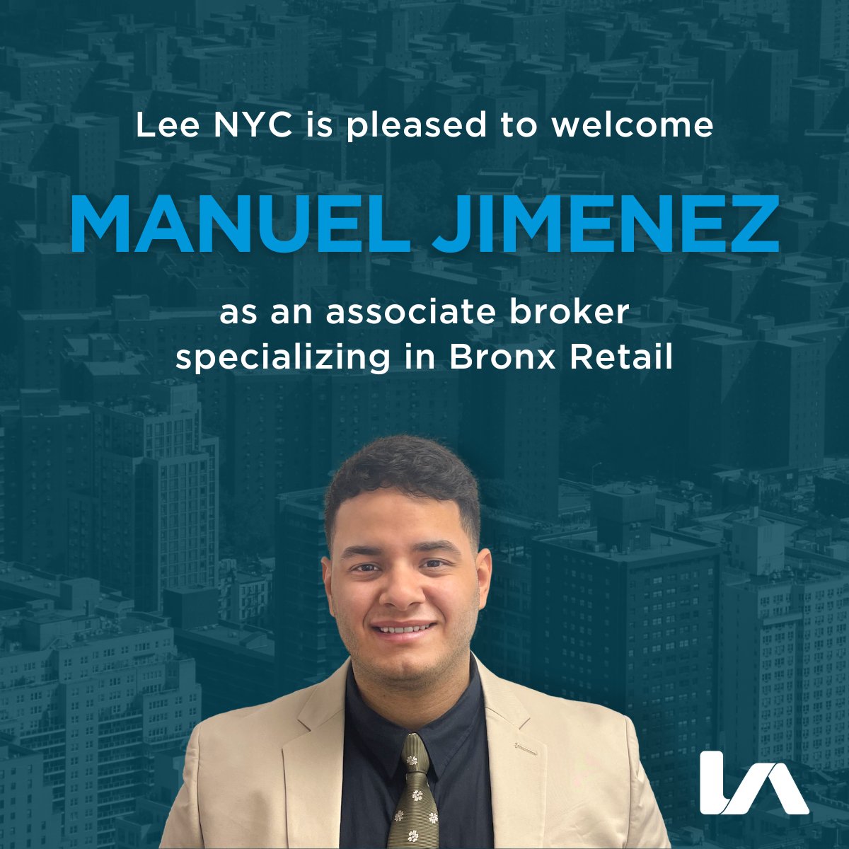 LeeNYCRE's tweet photo. Lee NYC welcomes Manuel Jimenez to our retail leasing team! Manny is working alongside Steve Lorenzo focusing on retail space in the Bronx, NY. Let's give him a warm welcome 👏

#leeassociates #leeassociatesnyc #leenyc 
#newhire #broker #salesbroker #commercialbroker #nycbroker https://t.co/w5Z0EySZjK