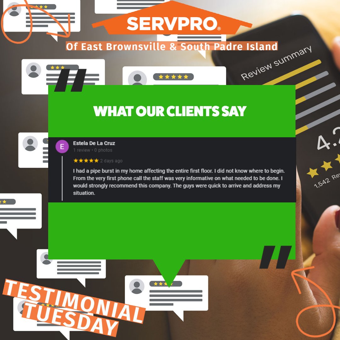 10637Servpro's tweet photo. Happy Tuesday everyone! You can always count on us to get you, and your home back to normal in no time after a water loss. Thank you Mrs. De La Cruz for taking the time out of your busy day to leave us this awesome review! 
 #rgv  #heroheadquarters
https://t.co/vuv0MNGe6P https://t.co/HLFfTH2qw3