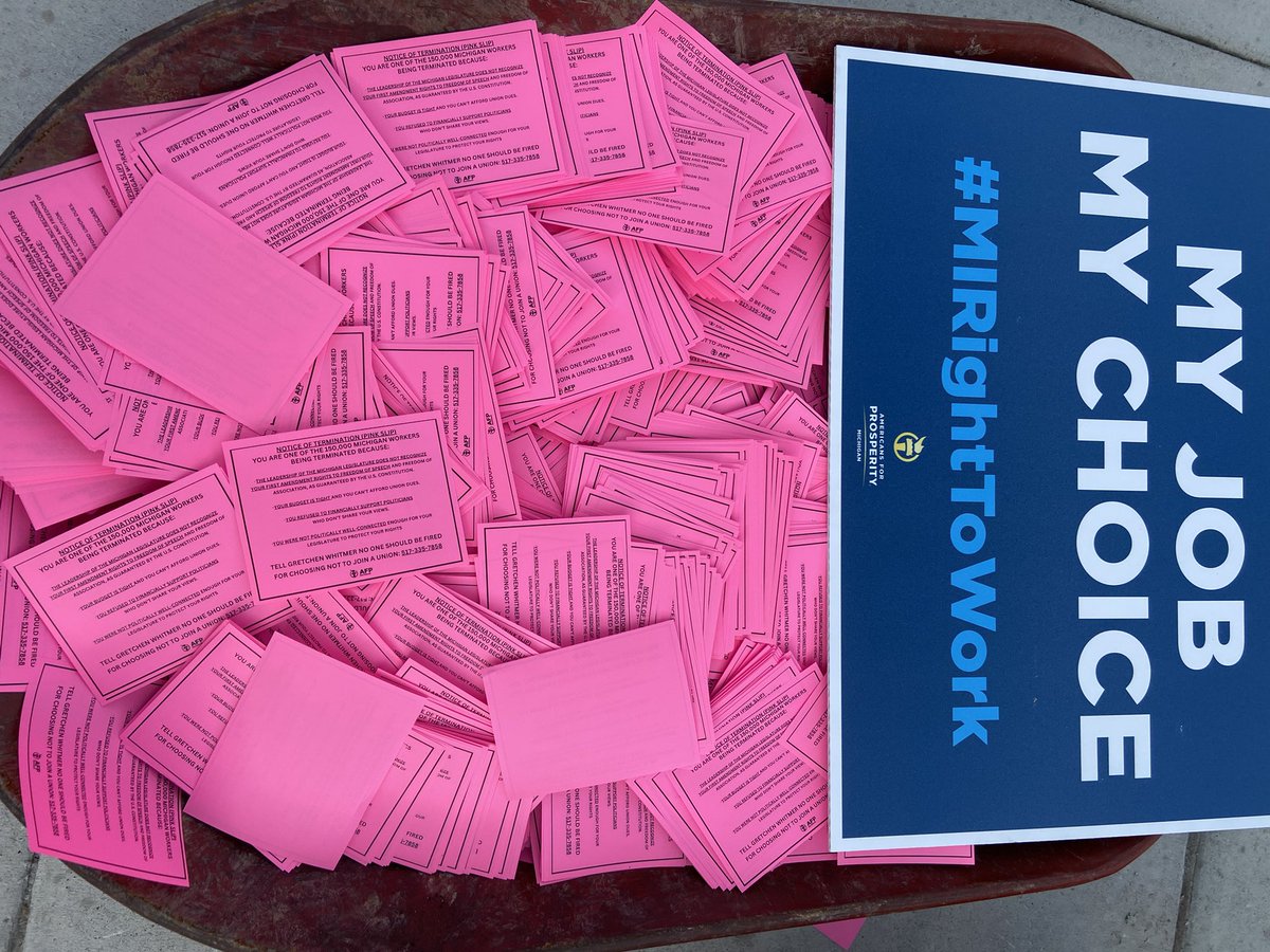 AFPMichigan's tweet photo. Happening right now outside the Capitol: 150k pink slips are being handed out to Senators as they try to vote on repeal of #RTW.
#Michiganders will be getting these pink slips soon due these horrible policies.
#MIRightToWork @AFPhq https://t.co/VaWTUULnlM