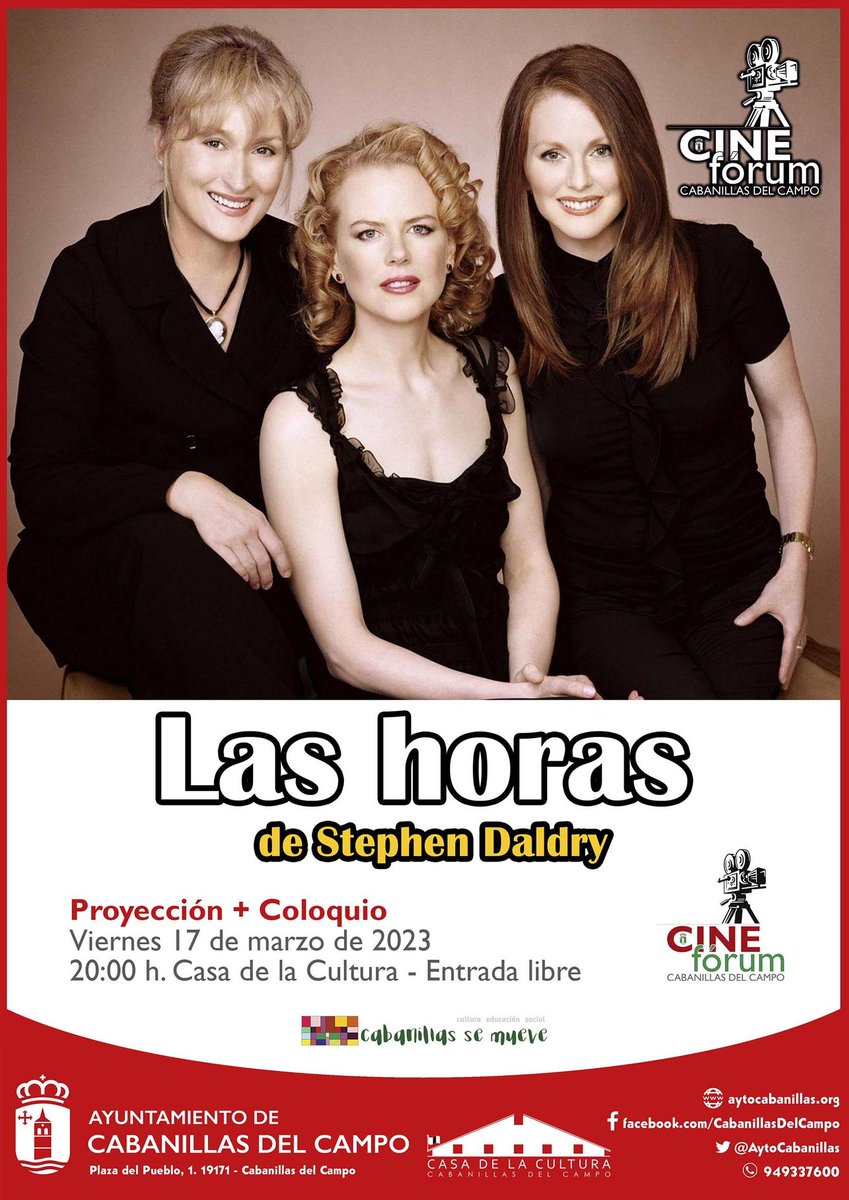 📌 EL VIERNES, TERCERA CITA DEL CINEFÓRUM

Este viernes 17 de marzo, 3ª sesión del nuevo #CinefórumCabanillas

📽️ Proyección de "Las horas" y coloquio posterior
📅 Viernes 17 MARZO
🕗 20 h.
🏛️ Casa de la Cultura
👉 Entrada libre
#CabanillasSeMueve

aytocabanillas.org/eventos/cinefo…