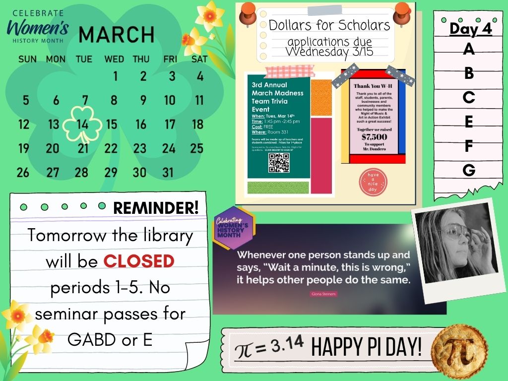 Happy #PiDay! Reminder: no seminar passes tomorrow for periods 1-5. There's MCAS testing in the library per 1-4, and Ms. Shaw has a class coming down for research during period 5. #whitmanhanson