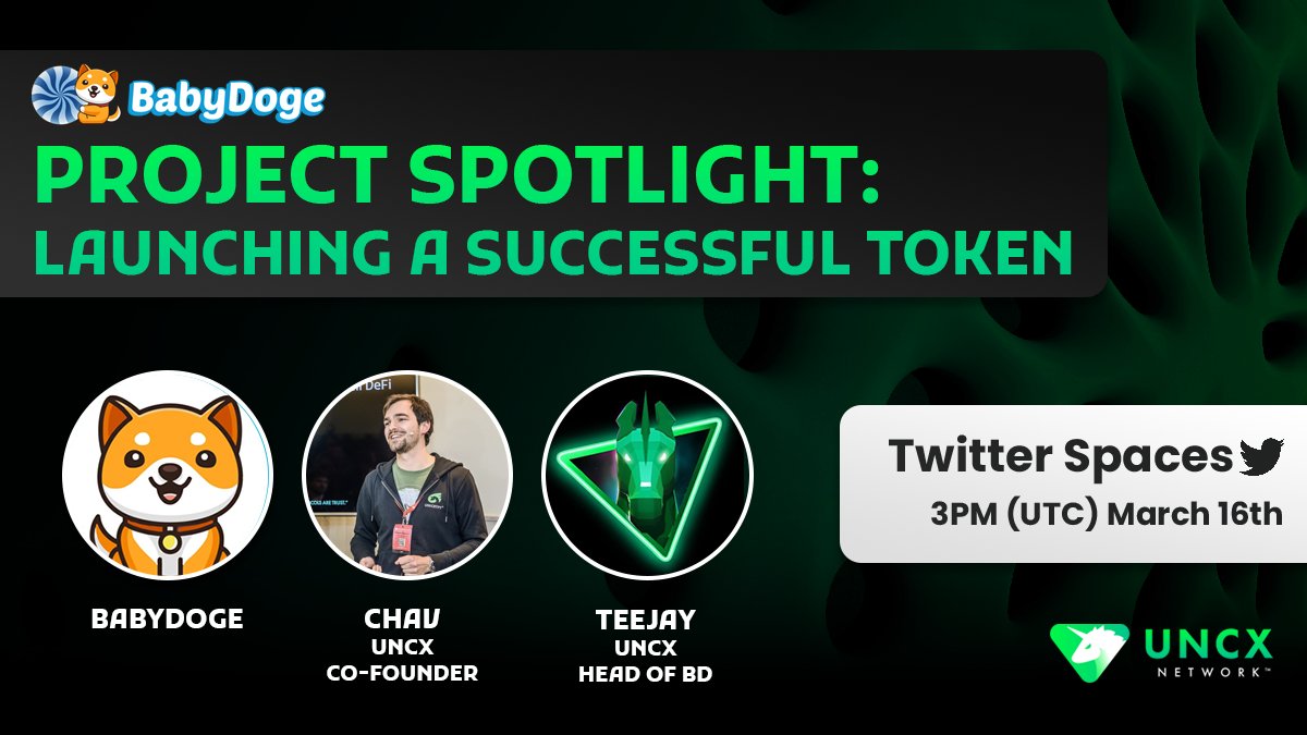 UNCX_token's tweet photo. Join us on this Thursday at 3PM UTC for a chat on how to launch a successful token with @babydoge, one of the most successful tokens to have launched on our platform. 🙌

We'll discuss the key components of building a strong community and #BabyDoge's exciting new releases. https://t.co/eu7xcZkzQa
