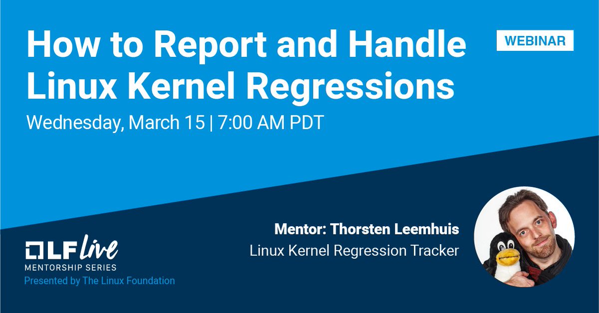 Join Thorsten Leemhuis, Linux Kernel Regression Tracker, TOMORROW at 7am PDT for an interactive, complimentary Mentorship Session exploring: “How to Report and Handle Linux Kernel Regressions”. Learn more &amp; register: hubs.la/Q01DQ6tt0 #OpenSource #Linux #LinuxKernel