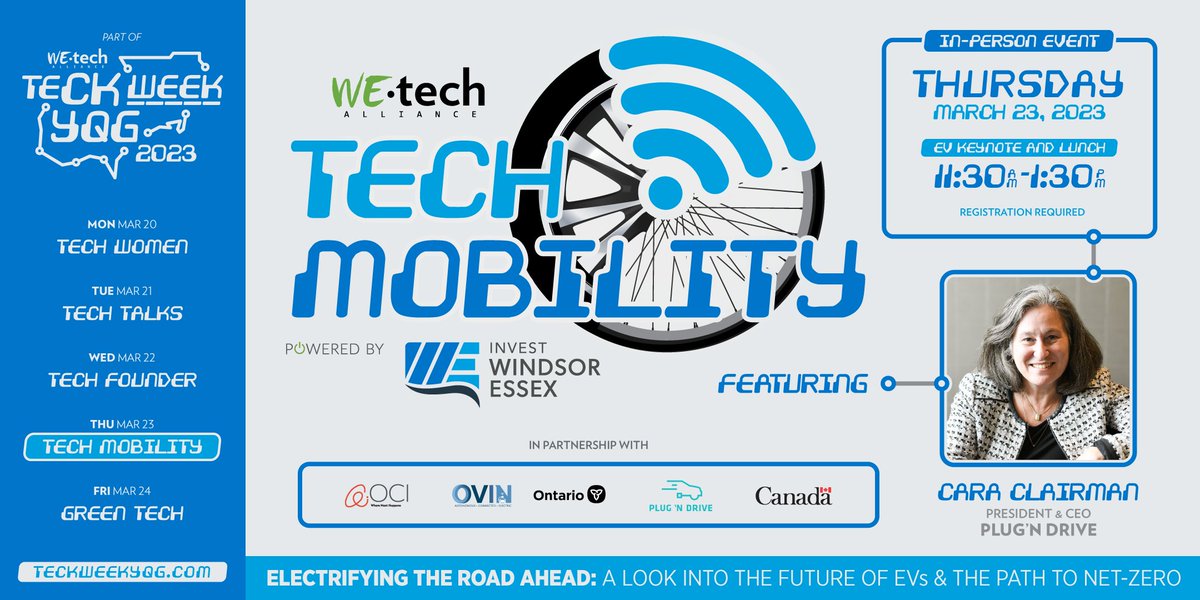 _investwe's tweet image. Join IWE &amp;amp; @WEtechAlliance on Mar. 23 for Tech Mobility Day! Hear from industry expert, Cara Clairman, CEO of @PlugN_Drive, share insights on the drive towards net-zero &amp;amp; the exciting advancements in the #electricvehicle industry. Register: bit.ly/3YJKUjm
#TeCHWeekYQG