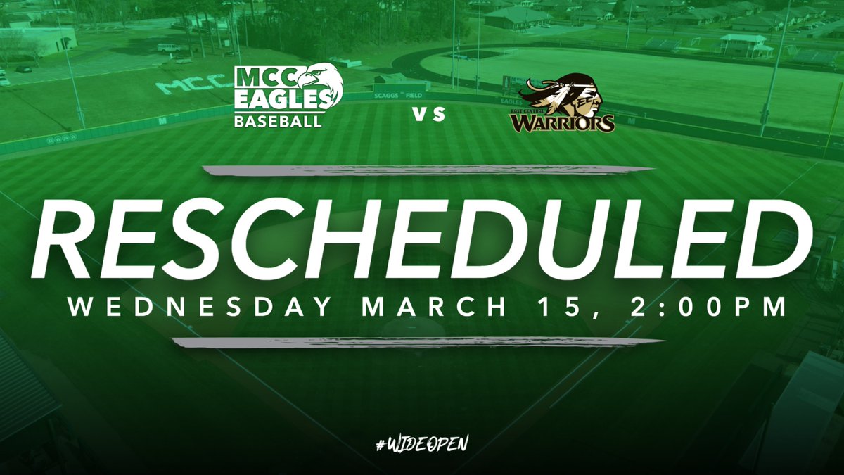 RESCHEDULED. Tomorrow's <a href="/MCCEaglesBSB/">MCC Eagles Baseball ⚾️ 🇺🇸</a> game with East Central has been moved from 4:00p.m. to 2:00p.m. As always you can watch it live at mcceagles.live. 
#mcceagles
#findyourwings
#WIDEOPEN