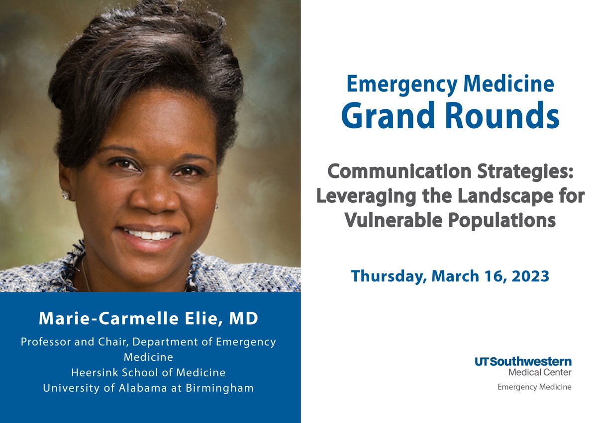 UTSW Emergency Medicine (@utsw_em) on Twitter photo Mark your calendar for <a href="/UTSW_EM/">UTSW Emergency Medicine</a> Grand Rounds this Thursday, March 16th, with guest speaker Dr. Marie-Carmelle Elie <a href="/UABEmergencyMed/">UAB Emergency Medicine</a>.
Details and registration: events.utsouthwestern.edu/event/emergenc⦠Mark your calendar for <a href="/UTSW_EM/">UTSW Emergency Medicine</a> Grand Rounds this Thursday, March 16th, with guest speaker Dr. Marie-Carmelle Elie <a href="/UABEmergencyMed/">UAB Emergency Medicine</a>.
Details and registration: events.utsouthwestern.edu/event/emergencā¦