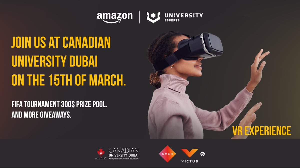 Gamers, this one's for you! 🎮🙌 Join us on March 15th at Canadian University Dubai for an unforgettable FIFA tournament with a $300 prize pool, VR experiences, and some awesome giveaways! Get your friends together and join us for a gaming experience you won't forget!