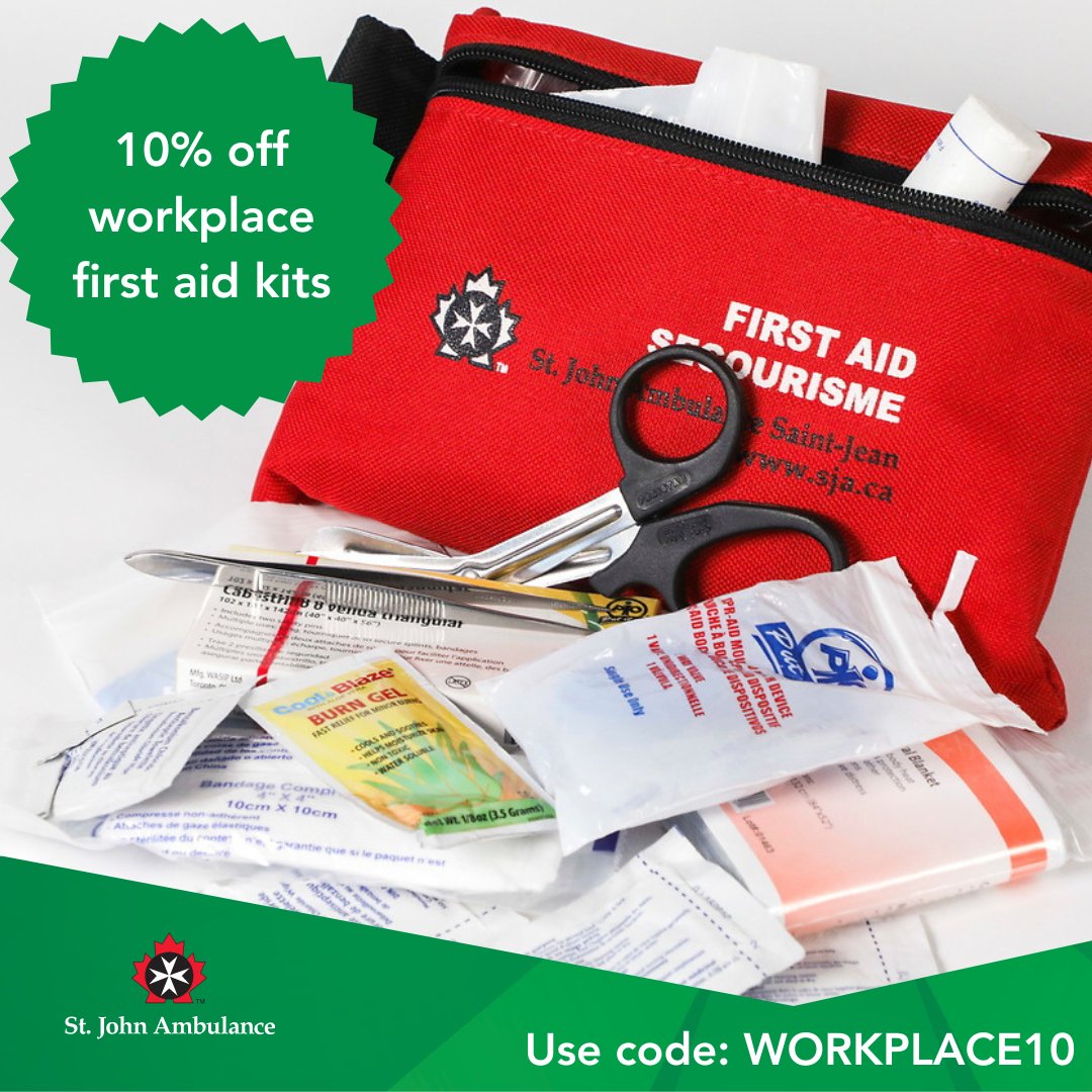 Ensuring your employees are safe at work is imperative. Take advantage of our March promotion! Buy a workplace first aid kit and get 10% off when you use code WORKPLACE10: sja.ca/en/products?ke…

#Sale #FirstAid #StJohnAmbulance #SJACanada #FirstAidTraining #FirstAidKit