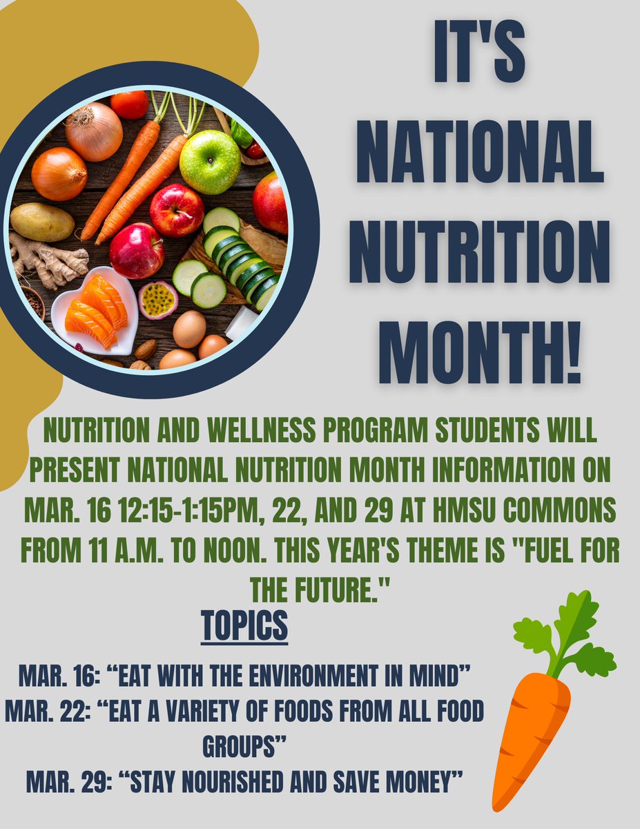 It's National Nutrition Month!🥕

Check out these awesome events with nutrition and wellness students that are happening this week in the HMSU commons!

The theme is "Fuel for The Future" !